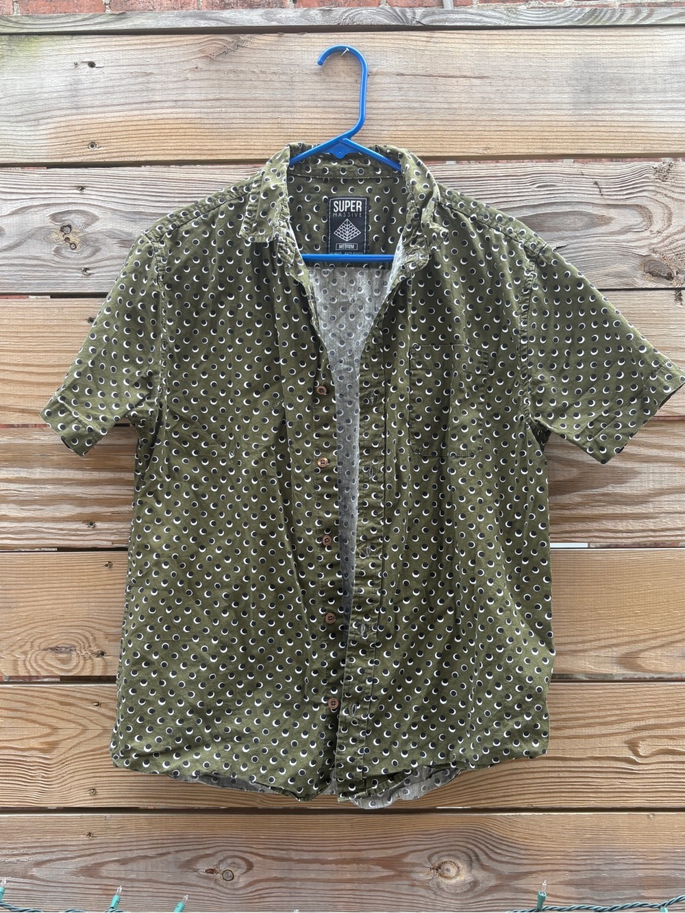 Superdry Olive Green Short-Sleeve Button-Down Shirt with Circle Print